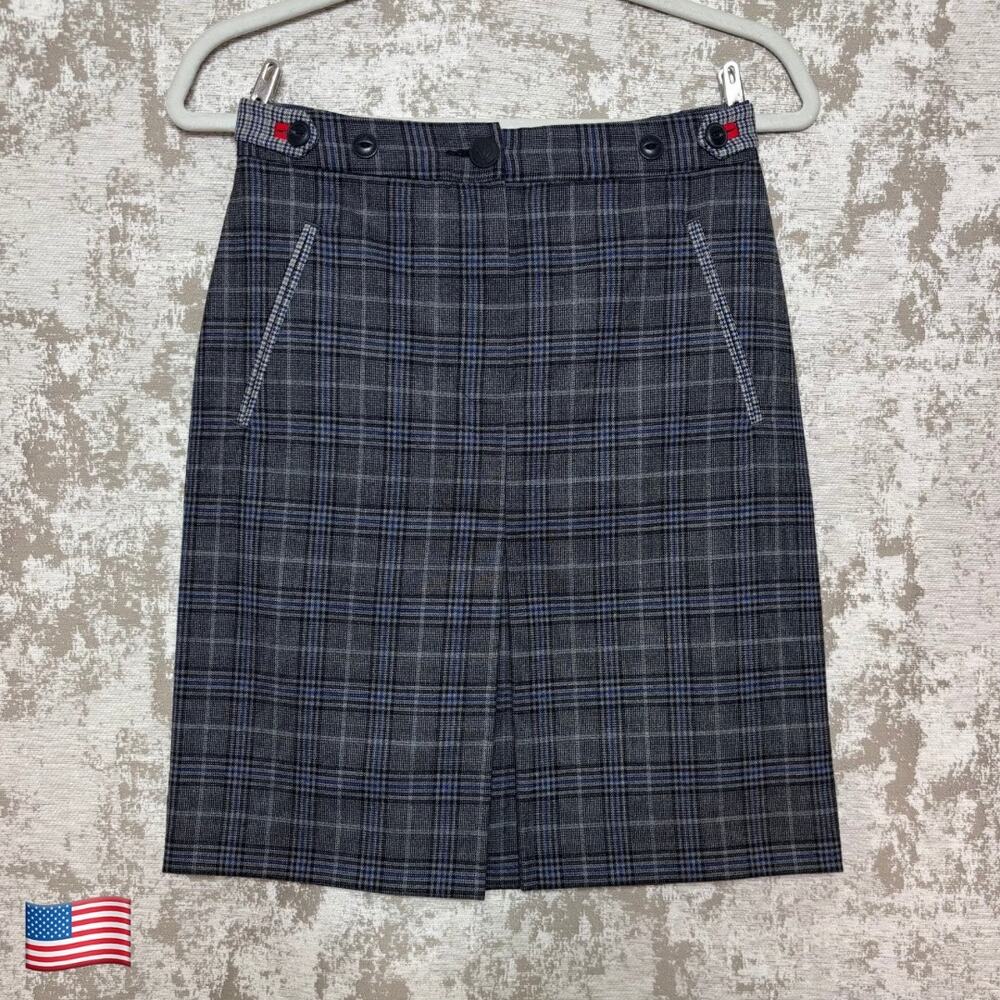 Rag & Bone Glen Plaid Mini Pencil Skirt with Waist Buttons in Grey/Blue